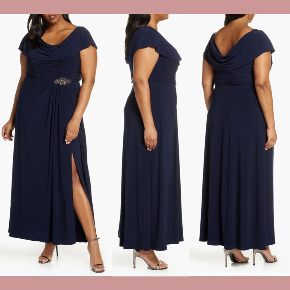 NWT $219 Alex Evenings [ 18 ] Cowl Neck Beaded Waist‎ Gown Blue #q924